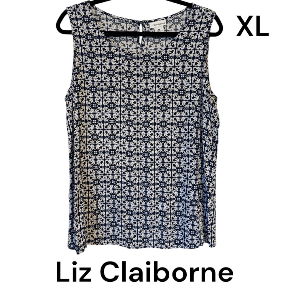 LIZ CLAIBORNE   Navy/White Print Sleeveless SPRING/SUMMER TOP       XLARGE    #S - Picture 2 of 10
